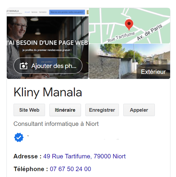 capture d'écran de la fiche établissement de Kliny Manala chez Google, fondée par le créateur de sites web de Niort Marc Harnist
